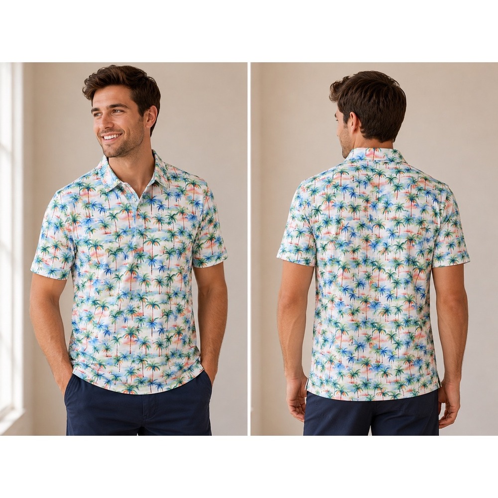 Coobigdog Polo Shirt Large Multicolor Tropical Palm Tree Golf Beach Print NEW